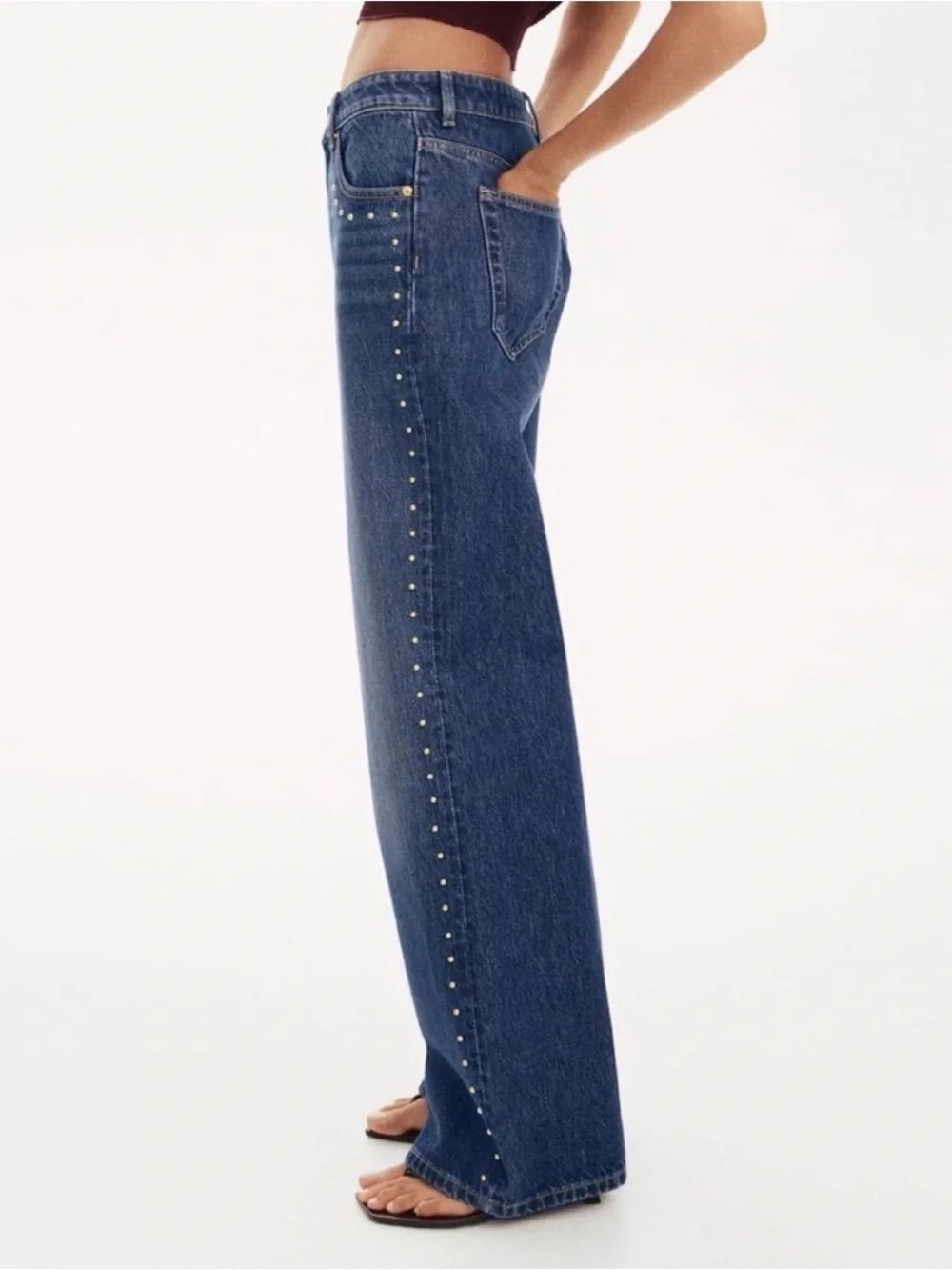 Cali 1850 Blue Medium Wash Silver Studded Wide Leg High Rise Denim Jeans NEW